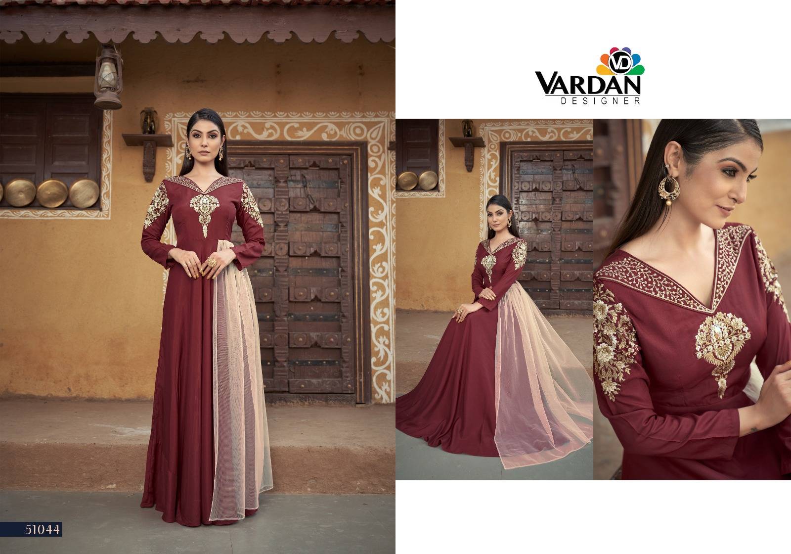 Sara Vol-1 By Vardan Designer 51041 To 51044 Series Beautiful Stylish Fancy Colorful Casual Wear & Ethnic Wear Heavy Muslin Gowns At Wholesale Price