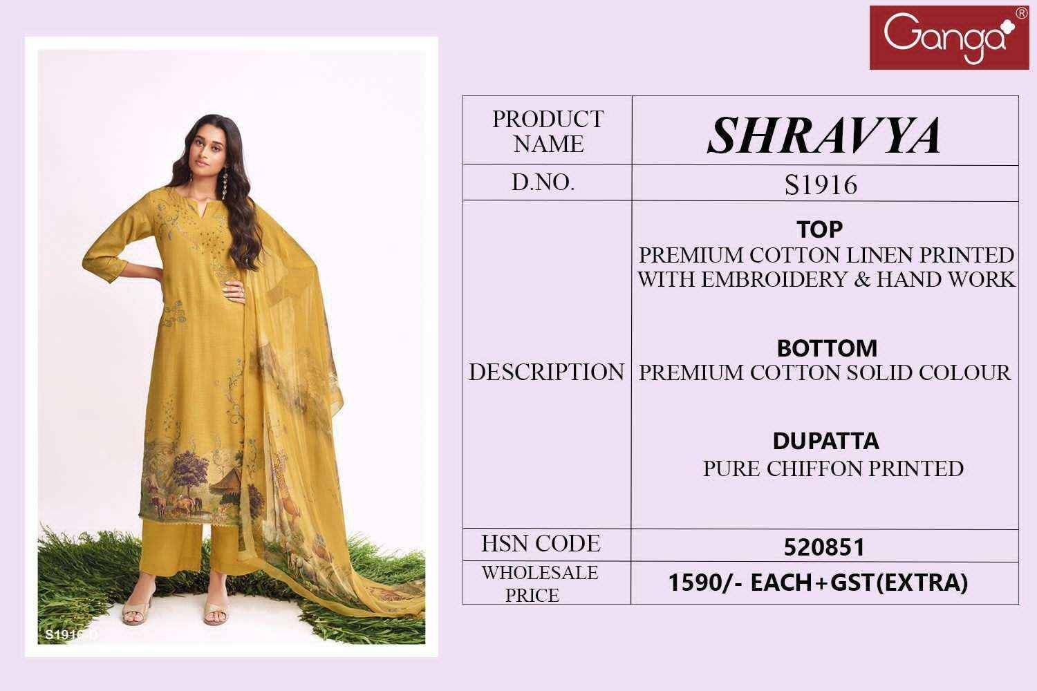 Shravya-1916 By Ganga Fashion 1916-A To 1916-D Series Beautiful Suits Colorful Stylish Fancy Casual Wear & Ethnic Wear Premium Cotton LinenDresses At Wholesale Price