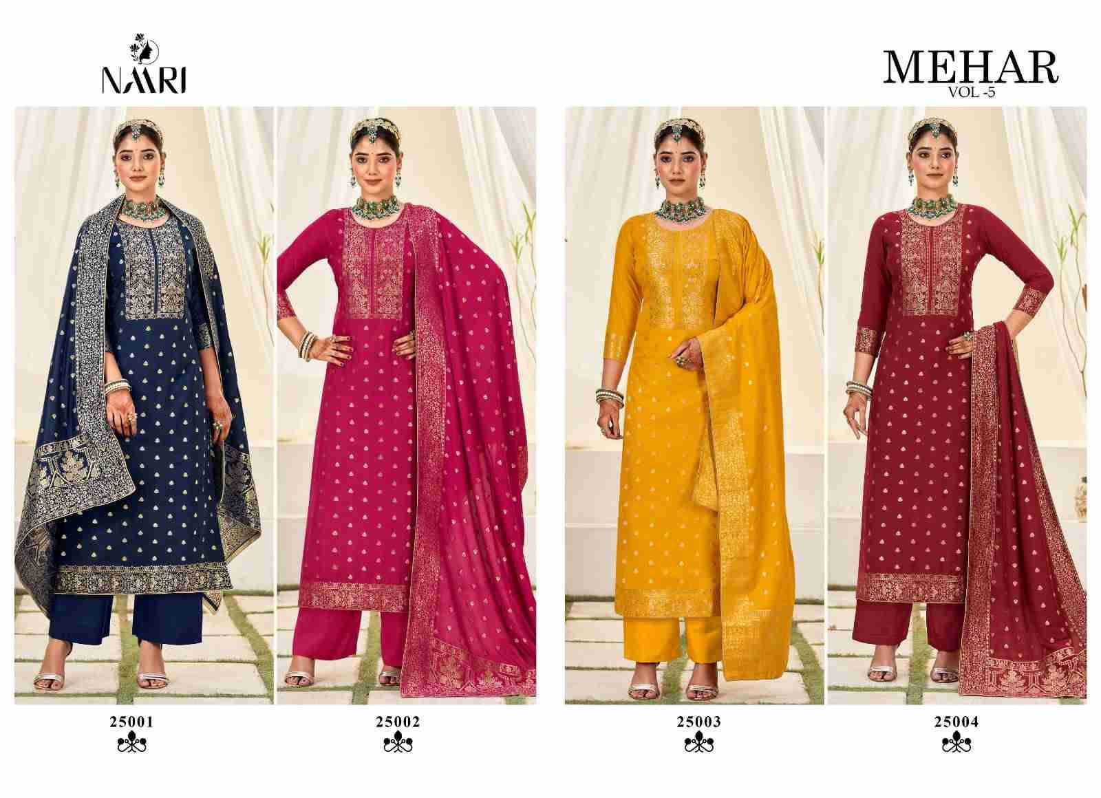 Mehar Vol-5 By Naari 25001 To 25004 Series Beautiful Stylish Suits Fancy Colorful Casual Wear & Ethnic Wear & Ready To Wear Pure Viscose Muslin Jacquard Silk Dresses At Wholesale Price