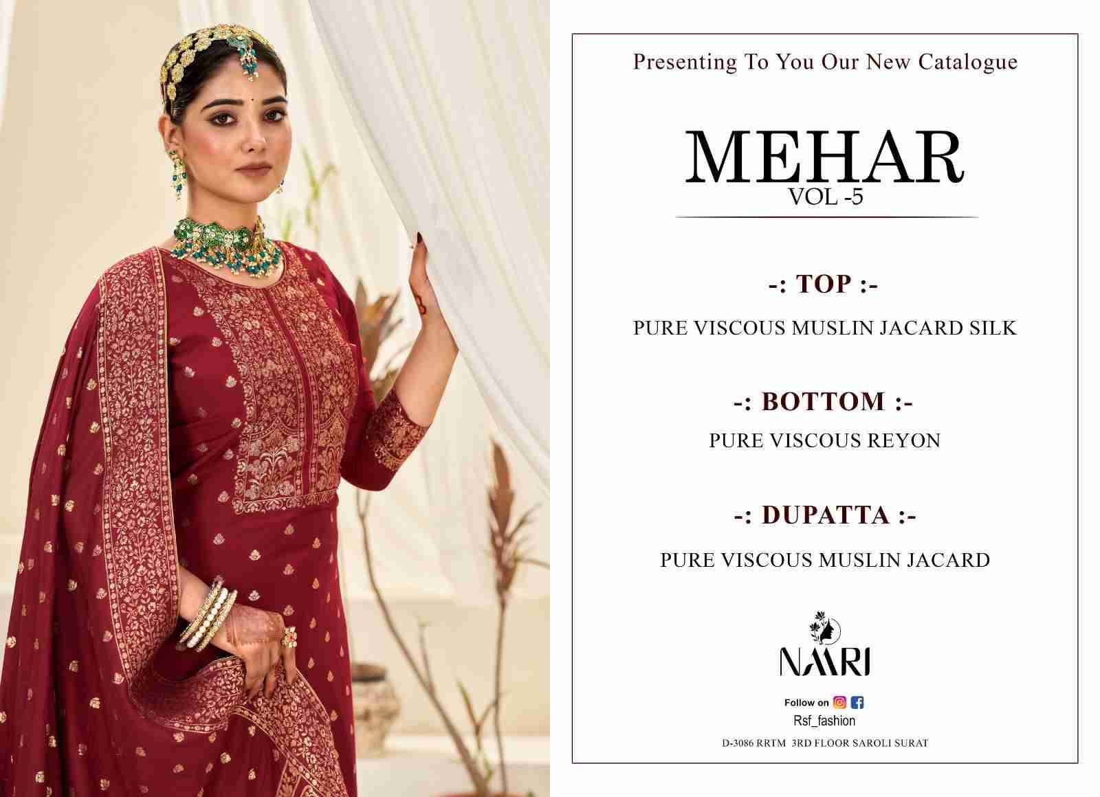 Mehar Vol-5 By Naari 25001 To 25004 Series Beautiful Stylish Suits Fancy Colorful Casual Wear & Ethnic Wear & Ready To Wear Pure Viscose Muslin Jacquard Silk Dresses At Wholesale Price