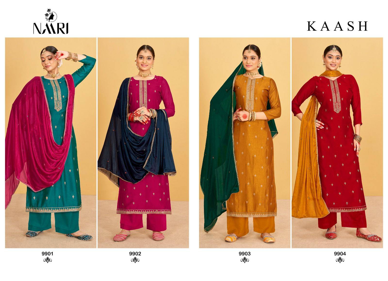 Kaash By Naari 9901 To 9904 Series Beautiful Stylish Suits Fancy Colorful Casual Wear & Ethnic Wear & Ready To Wear Pure Vichitra Silk Dresses At Wholesale Price