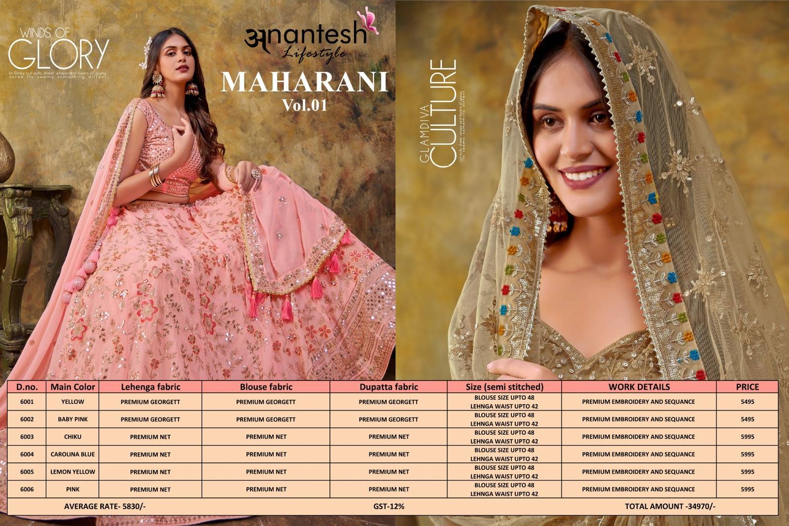 Maharani Vol-1 By Anantesh 6001 To 6006 Series Designer Beautiful Collection Occasional Wear & Party Wear Georgette/Net Lehengas At Wholesale Price