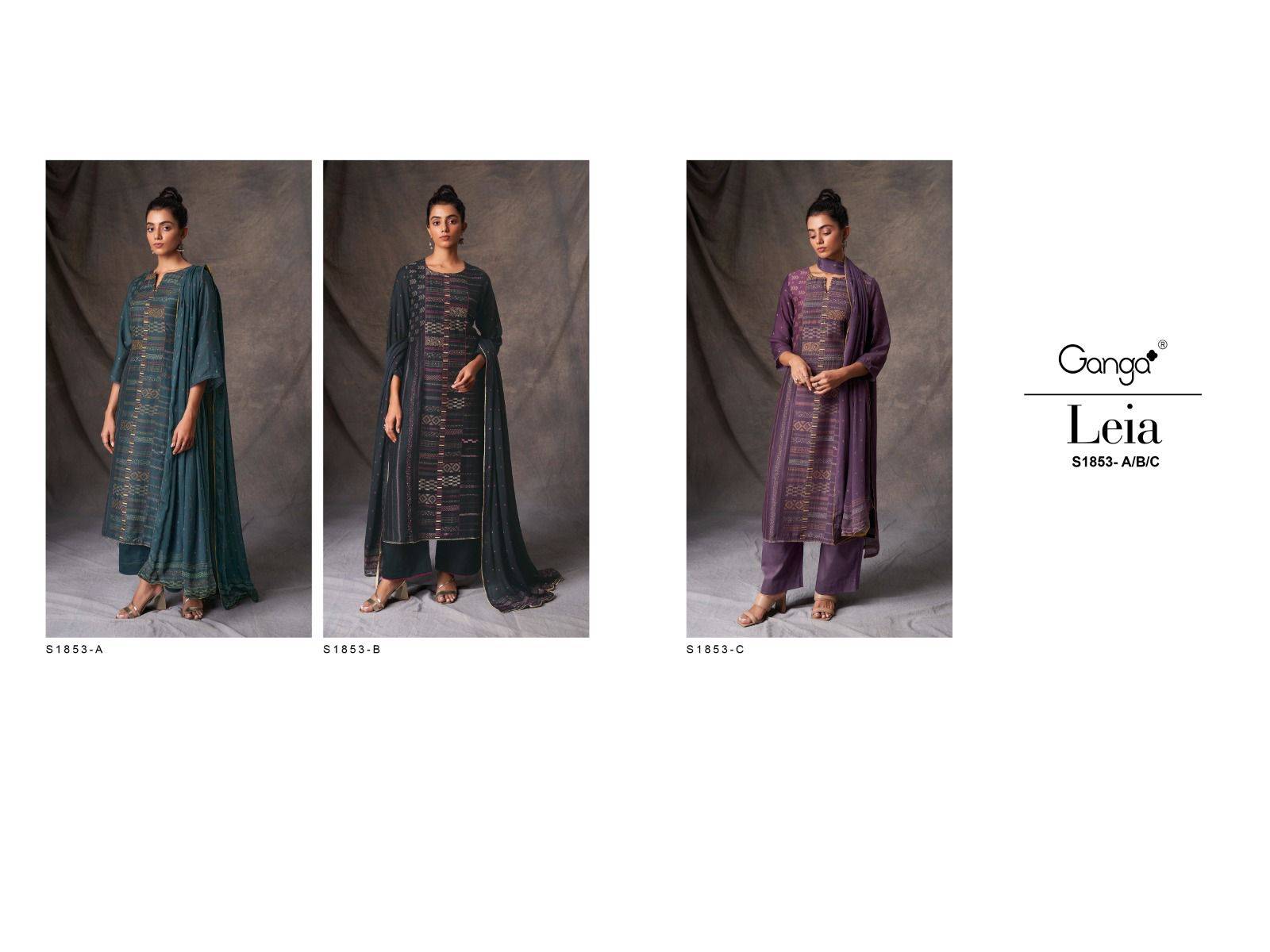 Leia-1853 By Ganga Fashion 1853-A To 1853-C Series Beautiful Stylish Festive Suits Fancy Colorful Casual Wear & Ethnic Wear & Ready To Wear Bemberg Silk Dresses At Wholesale Price