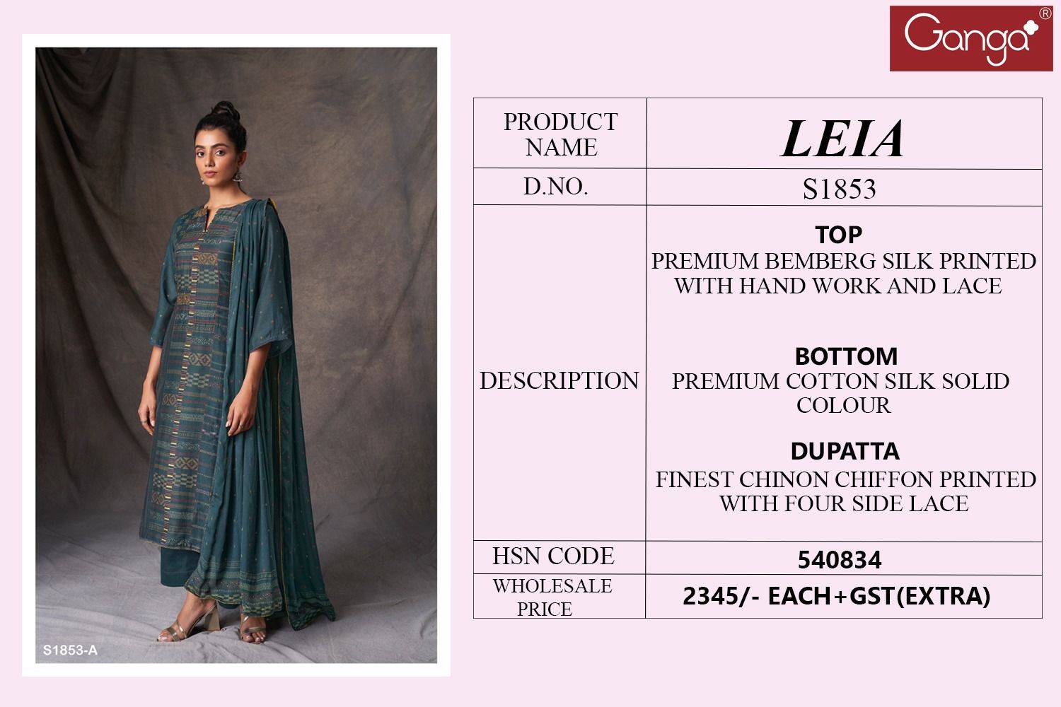 Leia-1853 By Ganga Fashion 1853-A To 1853-C Series Beautiful Stylish Festive Suits Fancy Colorful Casual Wear & Ethnic Wear & Ready To Wear Bemberg Silk Dresses At Wholesale Price