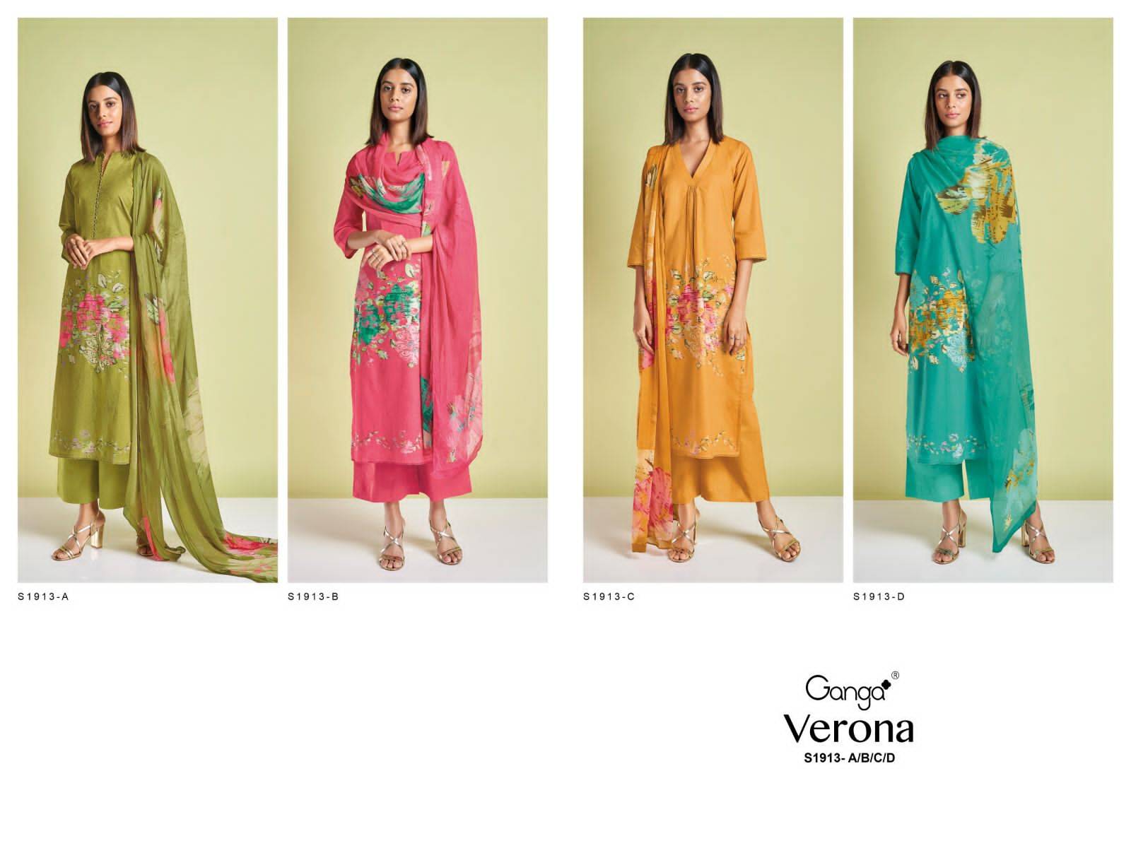 Verona-1913 By Ganga Fashion 1913-A To 1913-D Series Beautiful Stylish Festive Suits Fancy Colorful Casual Wear & Ethnic Wear & Ready To Wear Premium Cotton Dresses At Wholesale Price