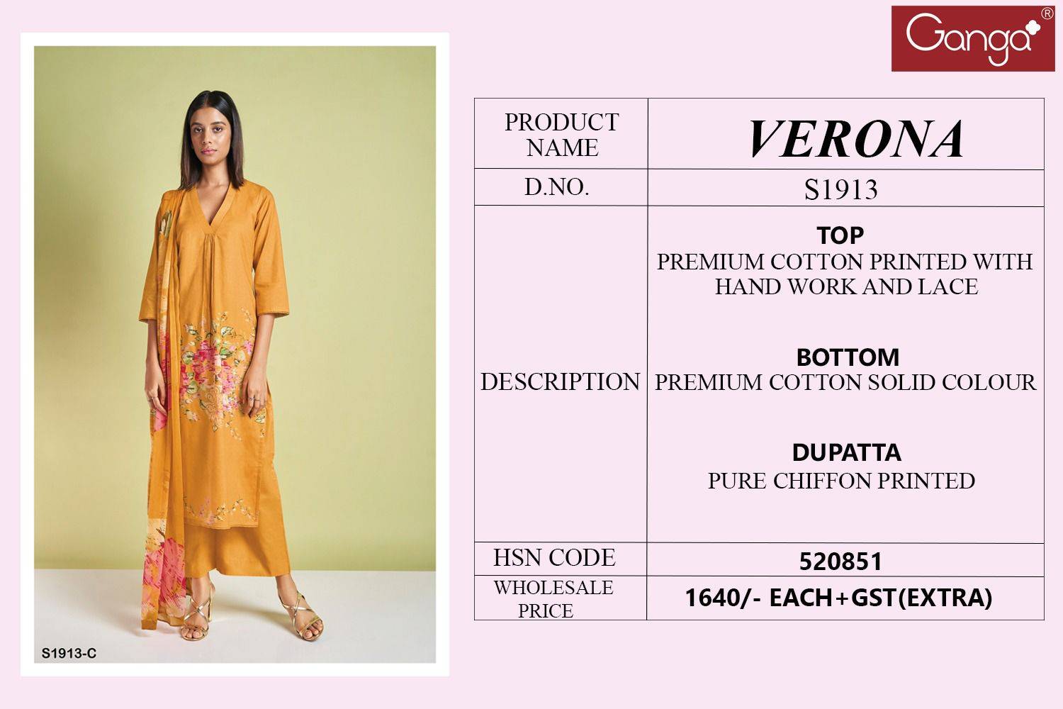 Verona-1913 By Ganga Fashion 1913-A To 1913-D Series Beautiful Stylish Festive Suits Fancy Colorful Casual Wear & Ethnic Wear & Ready To Wear Premium Cotton Dresses At Wholesale Price