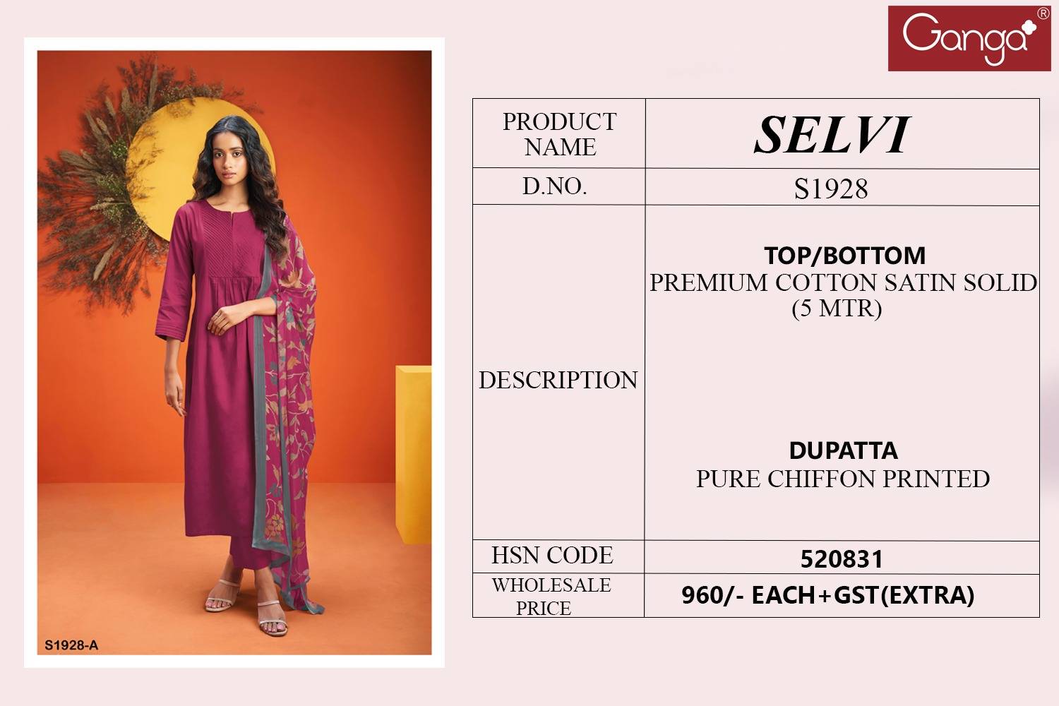 Selvi-1928 By Ganga Fashion 1928-A To 1928-D Series Beautiful Stylish Festive Suits Fancy Colorful Casual Wear & Ethnic Wear & Ready To Wear Premium Cotton Satin Dresses At Wholesale Price