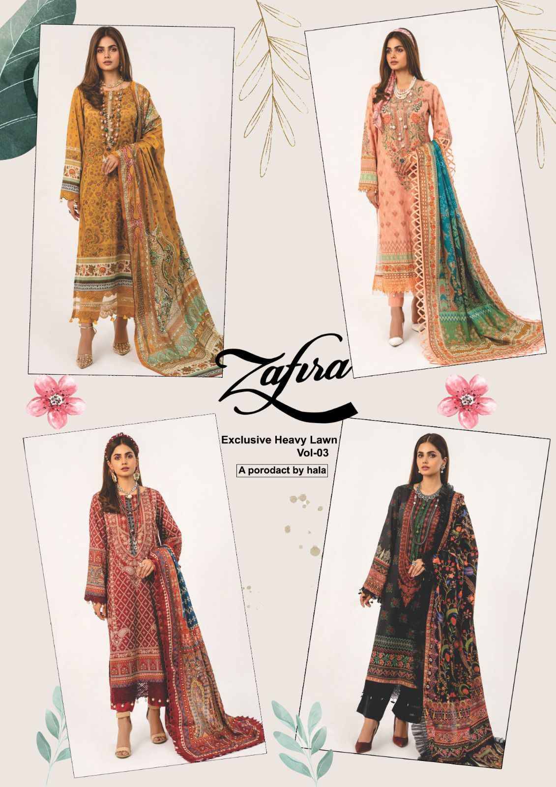 Zafira Vol-3 By Hala 01 To 04 Series Festive Suits Beautiful Fancy Colorful Stylish Party Wear & Occasional Wear Pure Lawn Cotton With Embroidery Dresses At Wholesale Price