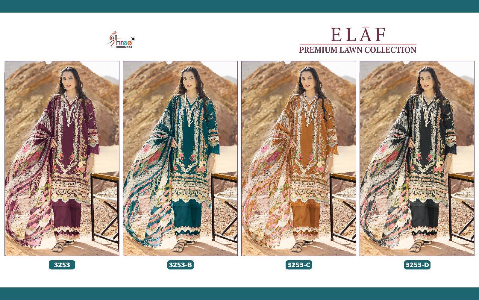 Elaf Premium Lawn Collection By Shree Fabs 3253-A To 3253-D Series Pakistani Suits Beautiful Fancy Colorful Stylish Party Wear & Occasional Wear Pure Cotton With Embroidery Dresses At Wholesale Price