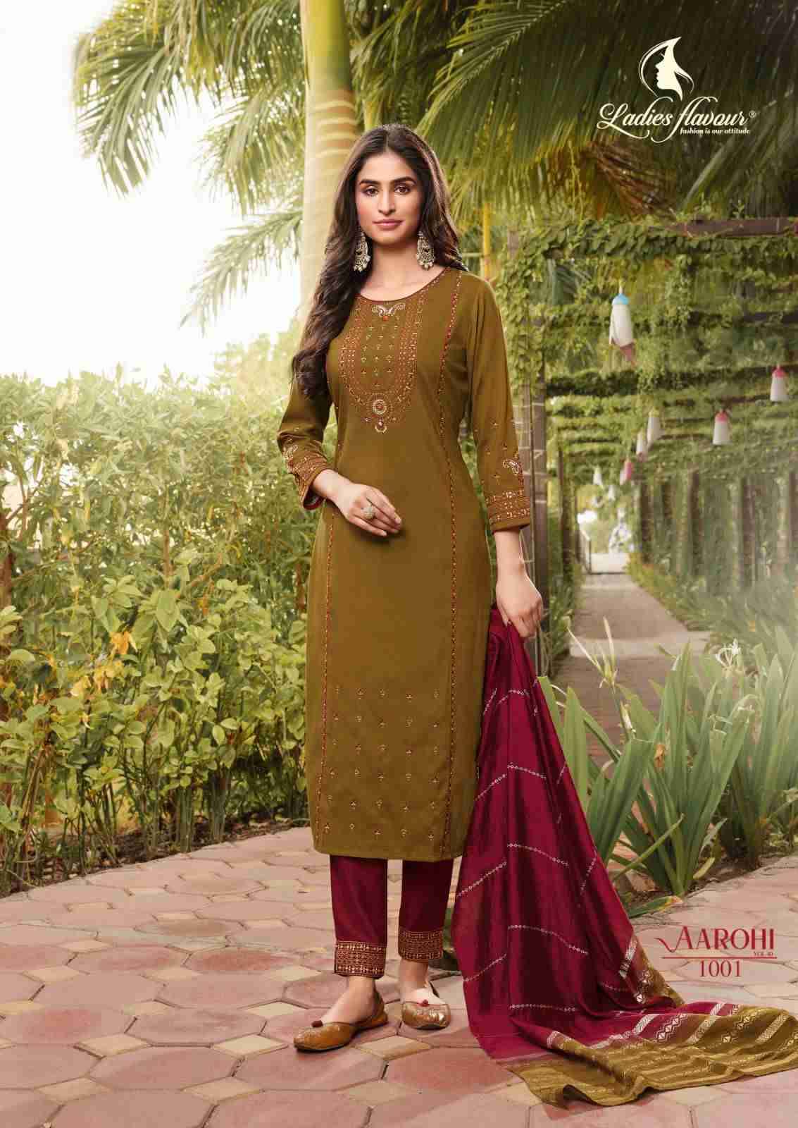 Aarohi Vol-10 By Ladies Flavour 1001 To 1004 Series Beautiful Stylish Suits Fancy Colorful Casual Wear & Ethnic Wear & Ready To Wear Chinnon Embroidered Dresses At Wholesale Price