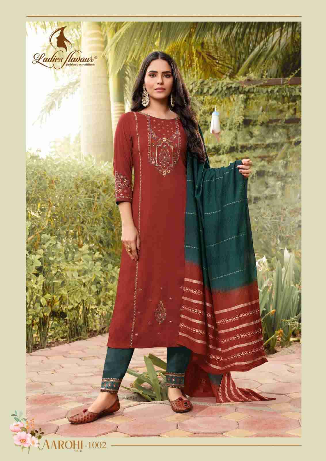 Aarohi Vol-10 By Ladies Flavour 1001 To 1004 Series Beautiful Stylish Suits Fancy Colorful Casual Wear & Ethnic Wear & Ready To Wear Chinnon Embroidered Dresses At Wholesale Price