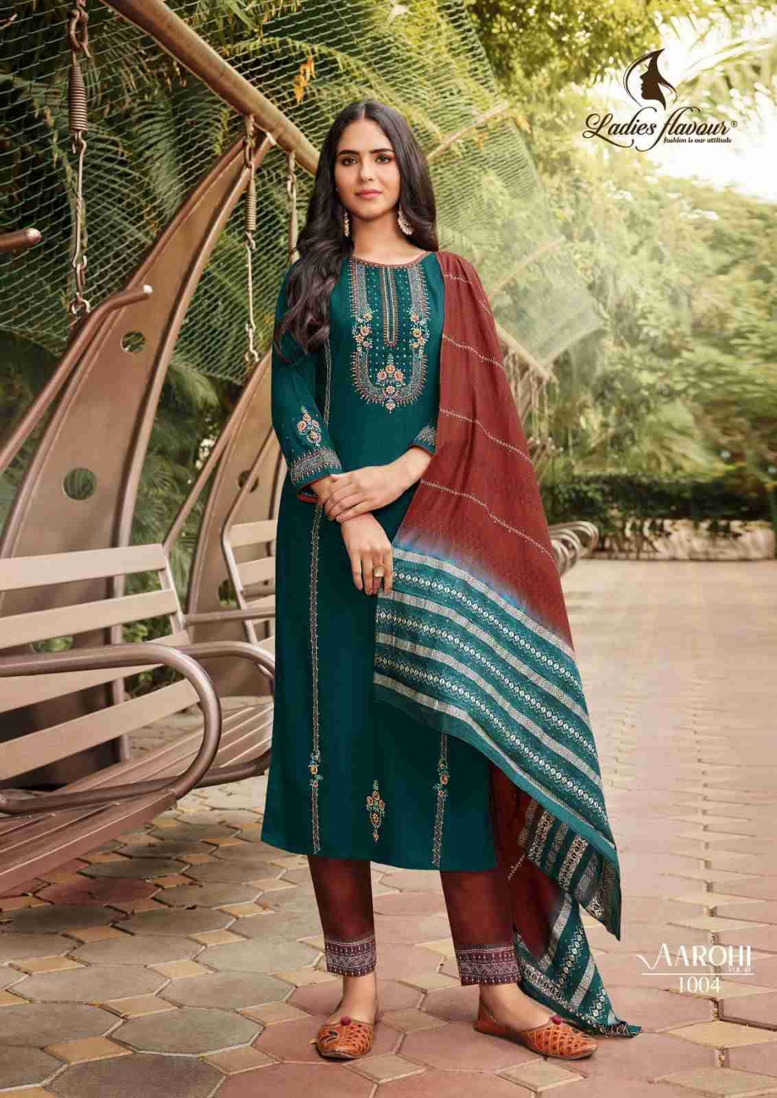 Aarohi Vol-10 By Ladies Flavour 1001 To 1004 Series Beautiful Stylish Suits Fancy Colorful Casual Wear & Ethnic Wear & Ready To Wear Chinnon Embroidered Dresses At Wholesale Price