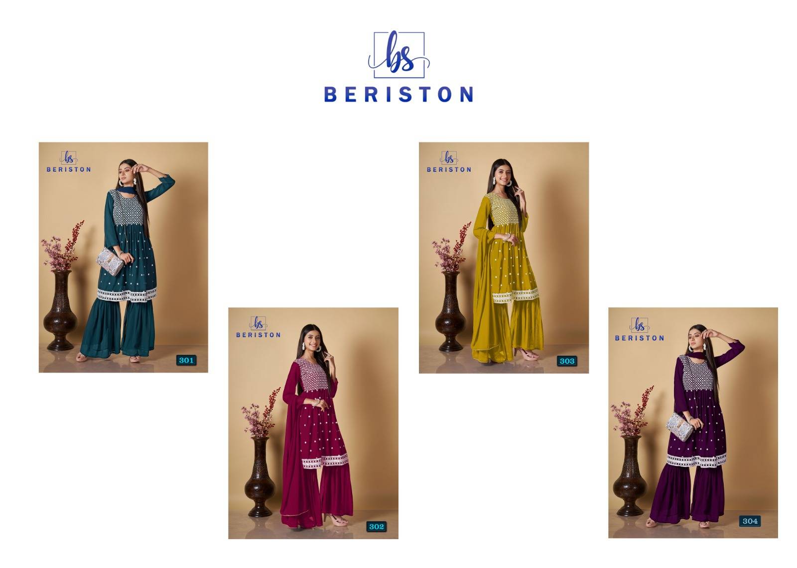 Bs Vol-3 By Beriston 301 To 304 Series Designer Sharara Suits Collection Beautiful Stylish Fancy Colorful Party Wear & Occasional Wear Georgette Print Dresses At Wholesale Price