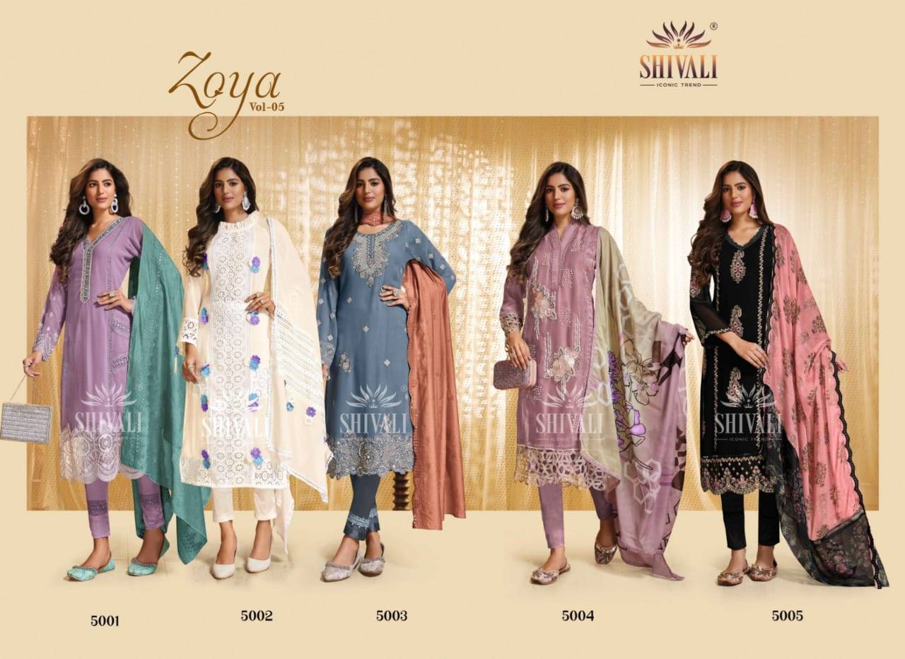 Zoya Vol-5 By Shivali 5001 To 5005 Series Designer Festive Suits Collection Beautiful Stylish Fancy Colorful Party Wear & Occasional Wear Georgette Dresses At Wholesale Price