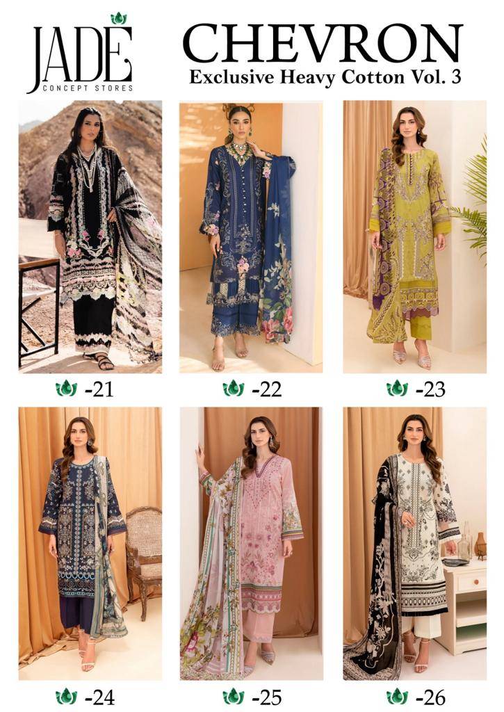 Chevron Vol-3 By Jade 21 To 26 Series Beautiful Pakistani Suits Stylish Fancy Colorful Party Wear & Occasional Wear Heavy Lawn Dresses At Wholesale Price