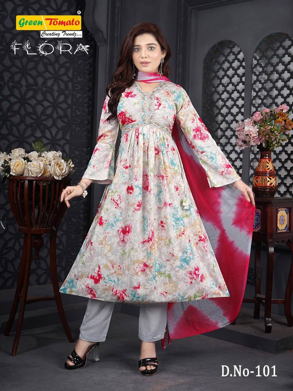 Flora By Green Tomato 101 To 109 Series Designer Anarkali Suits Collection Beautiful Stylish Fancy Colorful Party Wear & Occasional Wear Rayon Print Dresses At Wholesale Price