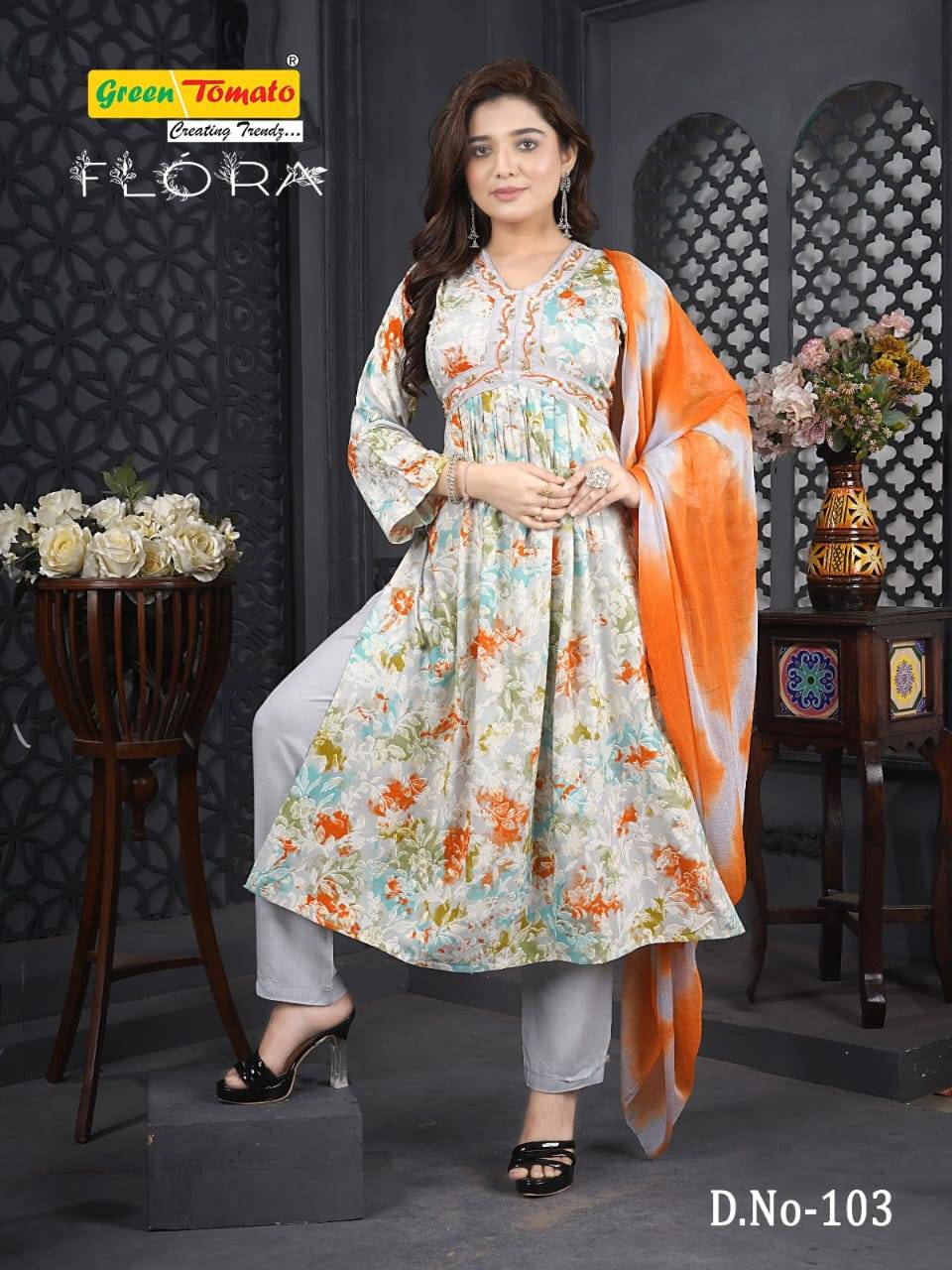 Flora By Green Tomato 101 To 109 Series Designer Anarkali Suits Collection Beautiful Stylish Fancy Colorful Party Wear & Occasional Wear Rayon Print Dresses At Wholesale Price