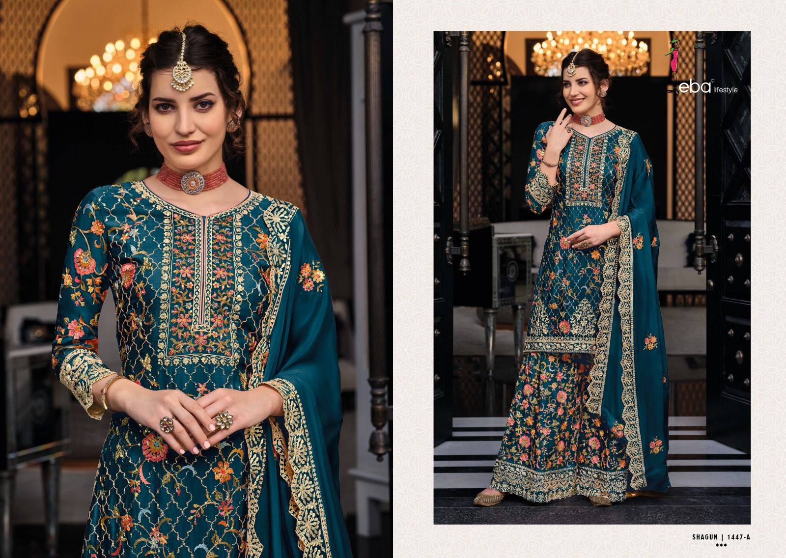 Shagun Color Edition Vol-6 By Eba Lifestyle 1447-A To 1447-F Series Designer Sharara Suits Collection Beautiful Stylish Fancy Colorful Party Wear & Occasional Wear Silk Embroidered Dresses At Wholesale Price