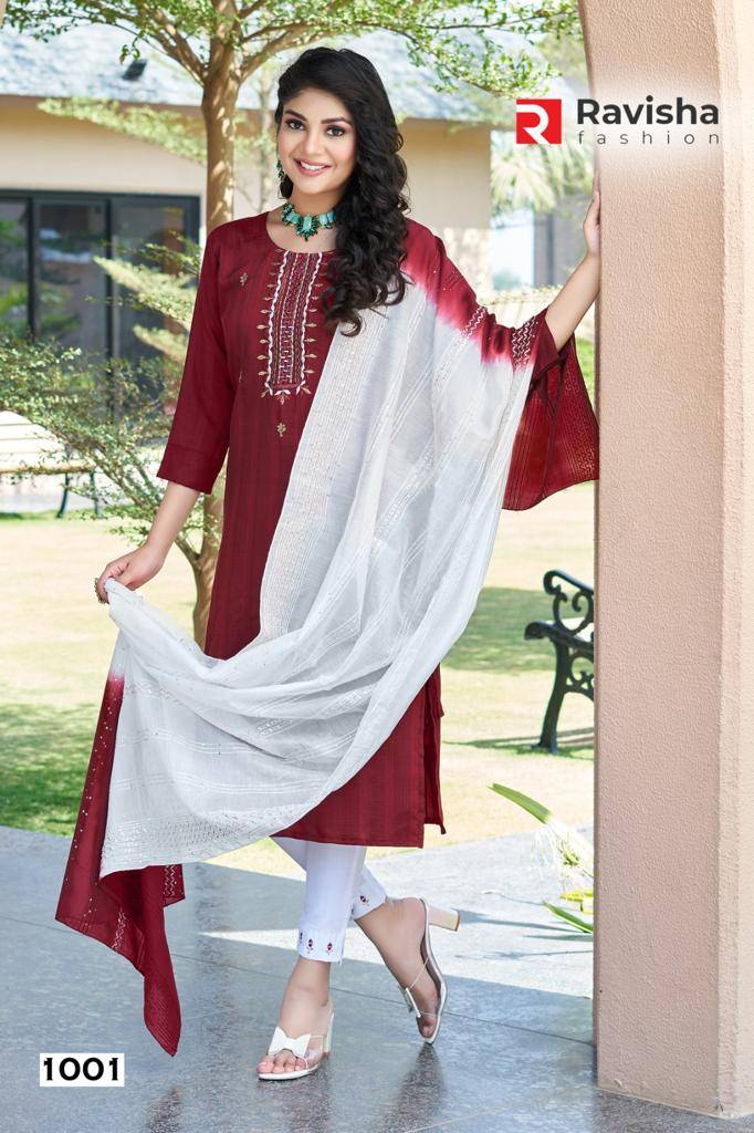 Aastha By Ravisha Fashion 1001 To 1006 Series Designer Festive Suits Collection Beautiful Stylish Fancy Colorful Party Wear & Occasional Wear Chinnon Embroidered Dresses At Wholesale Price