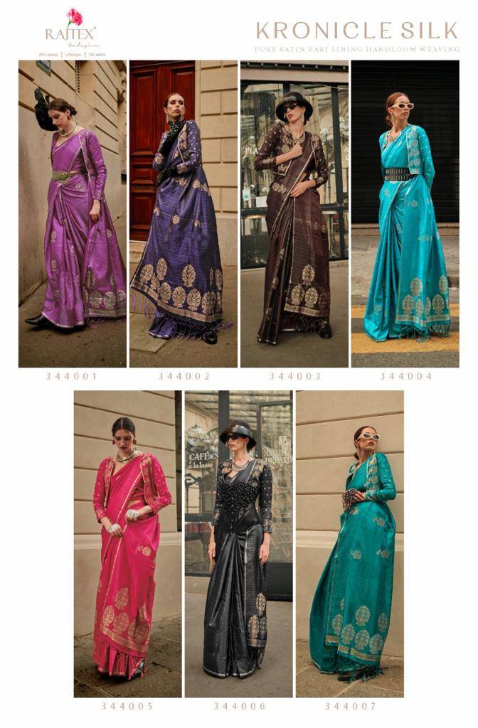 Kronicle Silk By Raj Tex 344001 To 344007 Series Indian Traditional Wear Collection Beautiful Stylish Fancy Colorful Party Wear & Occasional Wear Handloom Silk Print Sarees At Wholesale Price