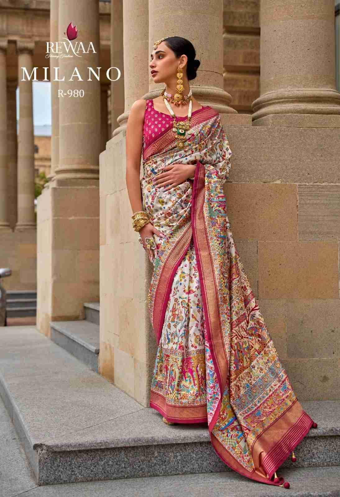 Milano By Rewaa 977 To 985 Series Indian Traditional Wear Collection Beautiful Stylish Fancy Colorful Party Wear & Occasional Wear Silk Print Sarees At Wholesale Price