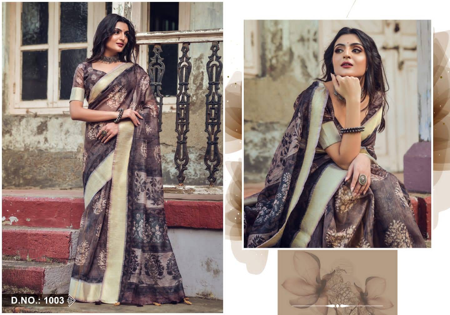 Blossom By Kira 1001 To 1012 Series Indian Traditional Wear Collection Beautiful Stylish Fancy Colorful Party Wear & Occasional Wear Linen Sarees At Wholesale Price