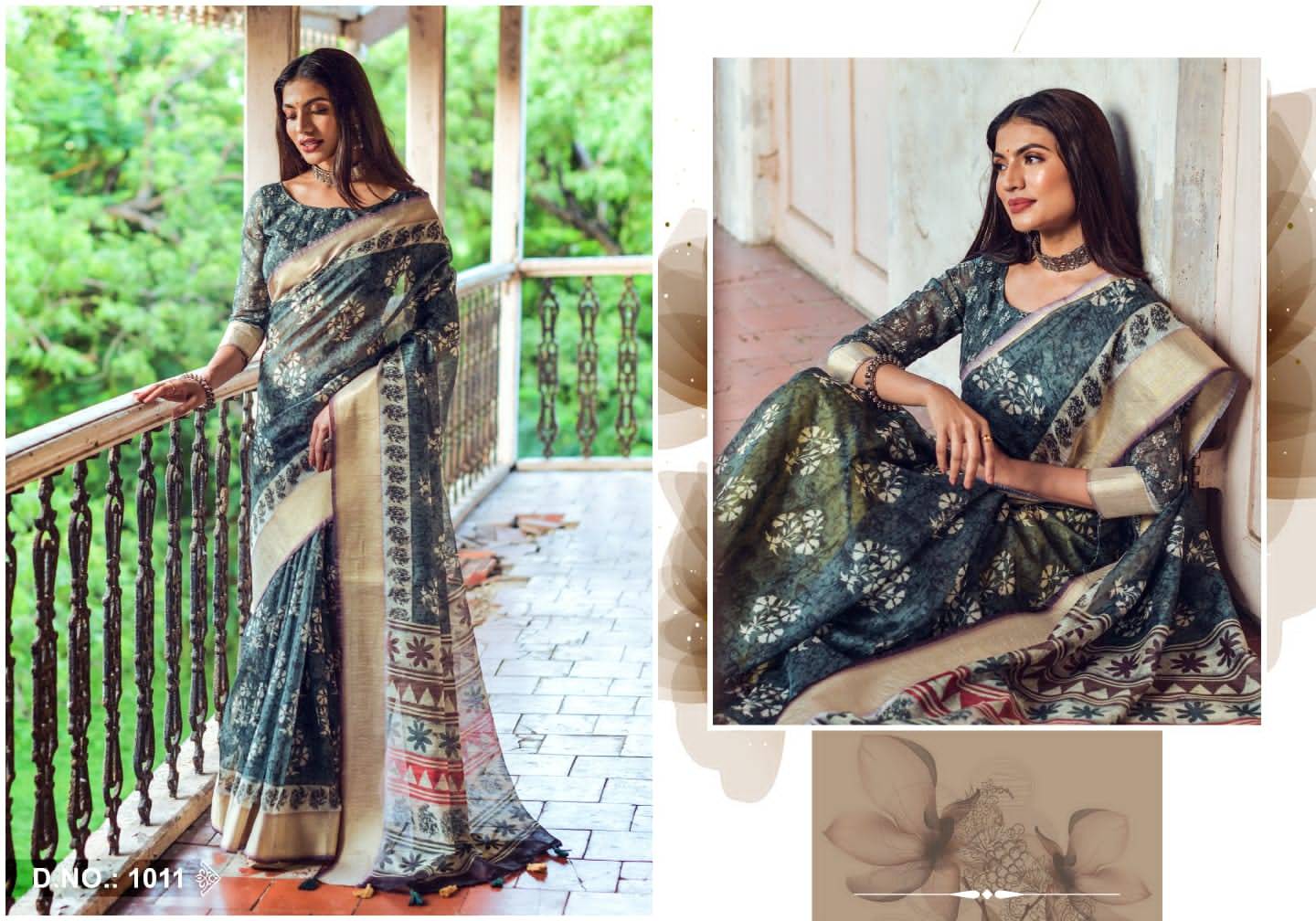 Blossom By Kira 1001 To 1012 Series Indian Traditional Wear Collection Beautiful Stylish Fancy Colorful Party Wear & Occasional Wear Linen Sarees At Wholesale Price