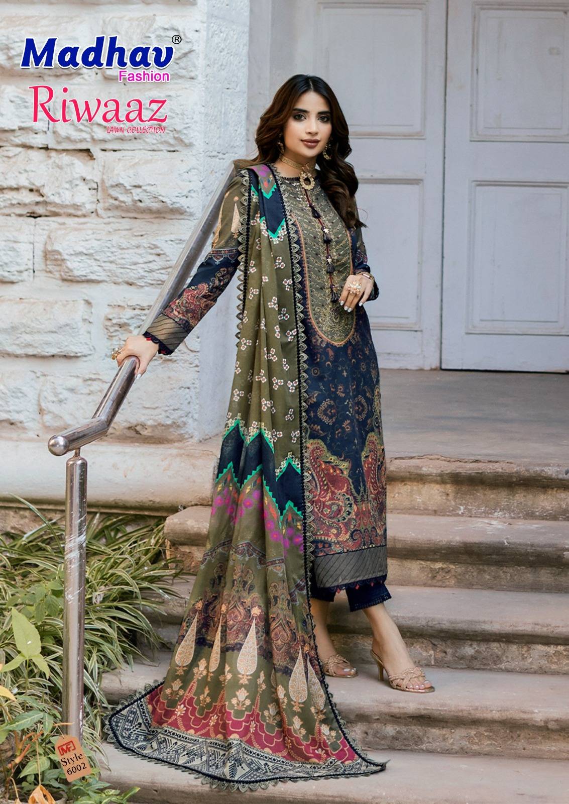Riwaaz Vol-6 By Madhav Fashion 6001 To 6006 Series Beautiful Stylish Suits Fancy Colorful Casual Wear & Ethnic Wear & Ready To Wear Pure Lawn Cotton Dresses At Wholesale Price