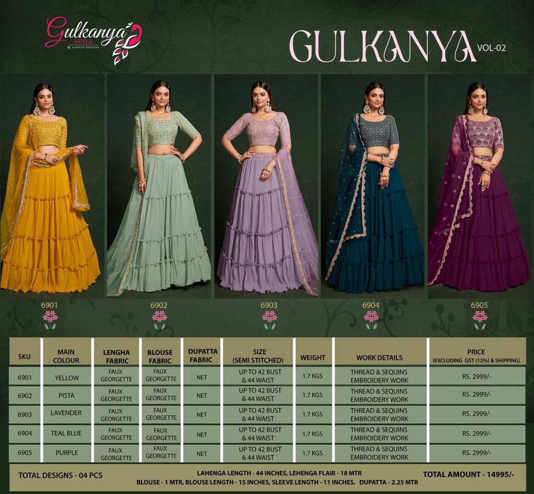 Gulkanya Vol-2 By Gulkanya 6901 To 6905 Series Festive Wear Collection Beautiful Stylish Colorful Fancy Party Wear & Occasional Wear Faux Georgette Lehengas At Wholesale Price