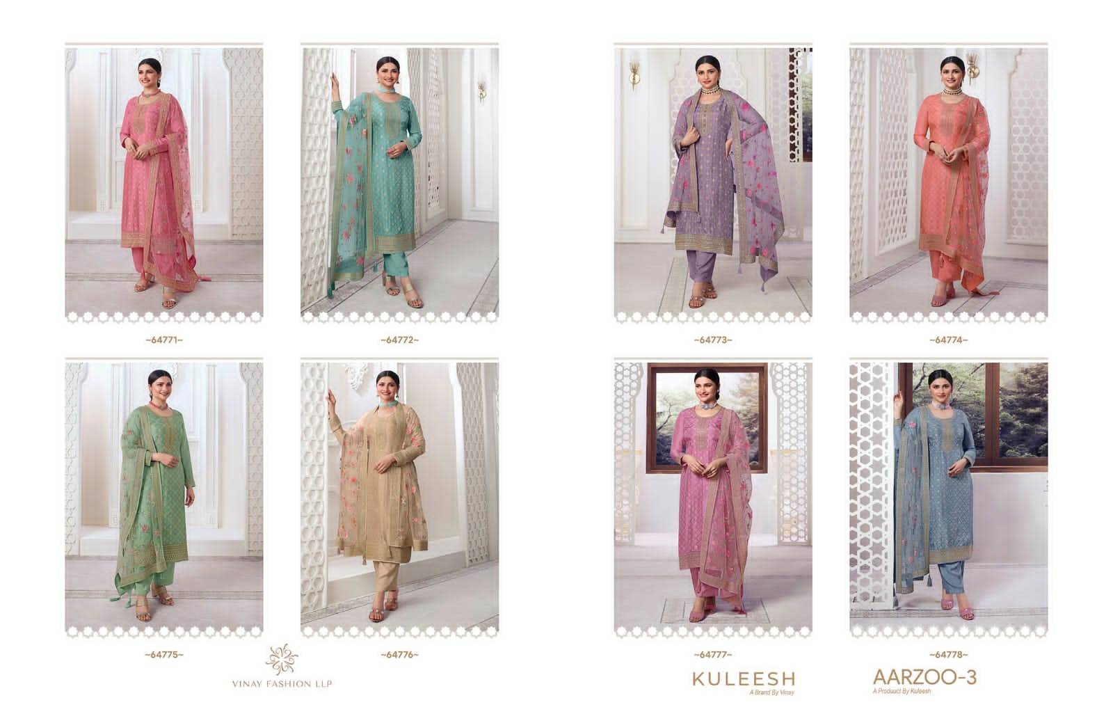 Kaseesh Aarzoo Vol-3 By Vinay Fashion 64771 To 64778 Series Beautiful Suits Colorful Stylish Fancy Casual Wear & Ethnic Wear Dola Jacquard Work Dresses At Wholesale Price