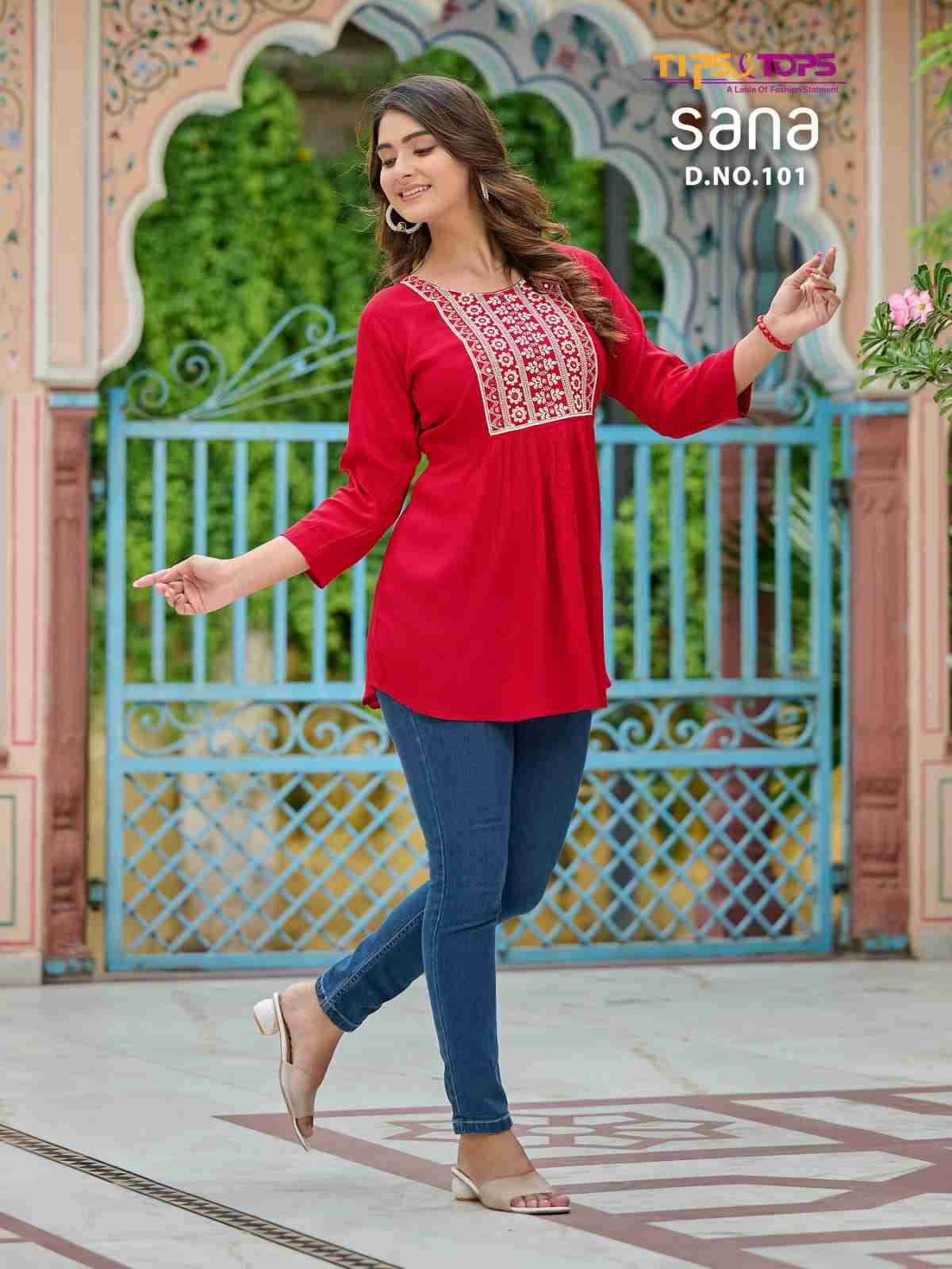 Sana By Tips And Tops 101 To 108 Series Designer Stylish Fancy Colorful Beautiful Party Wear & Ethnic Wear Collection Rayon Print Tops At Wholesale Price