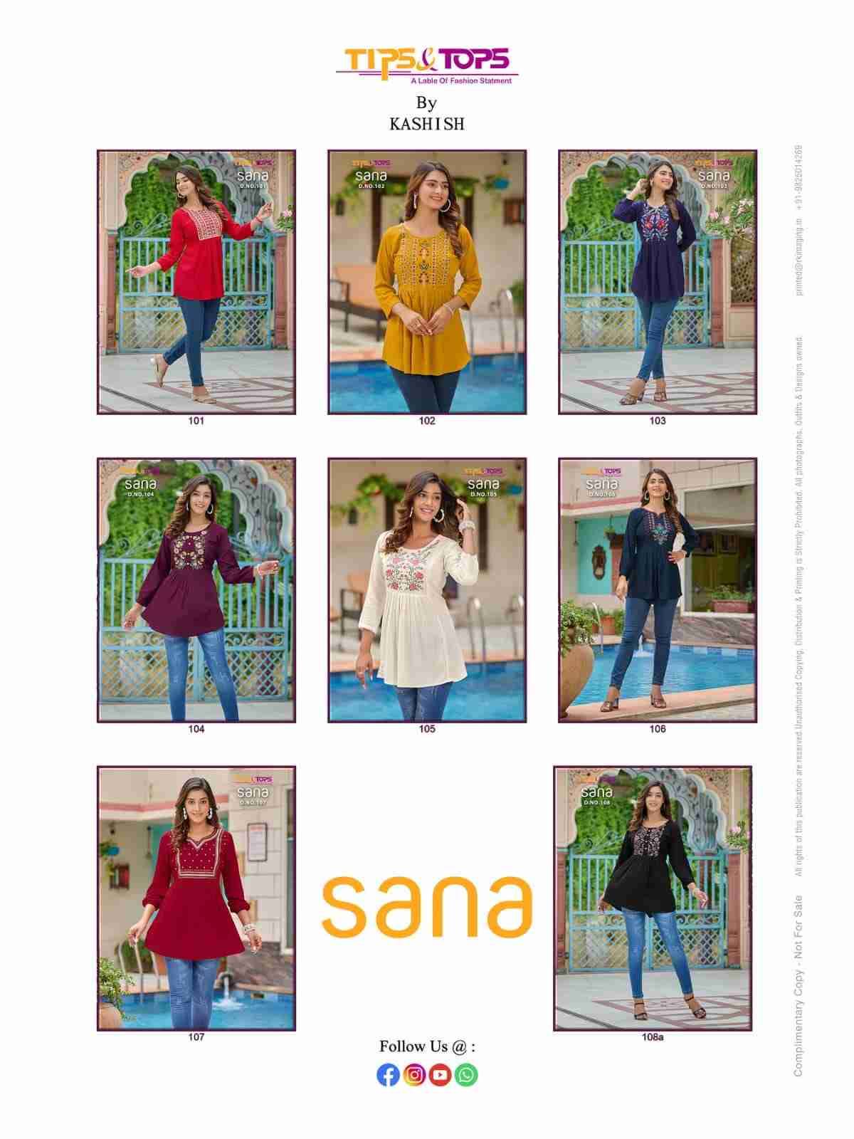 Sana By Tips And Tops 101 To 108 Series Designer Stylish Fancy Colorful Beautiful Party Wear & Ethnic Wear Collection Rayon Print Tops At Wholesale Price