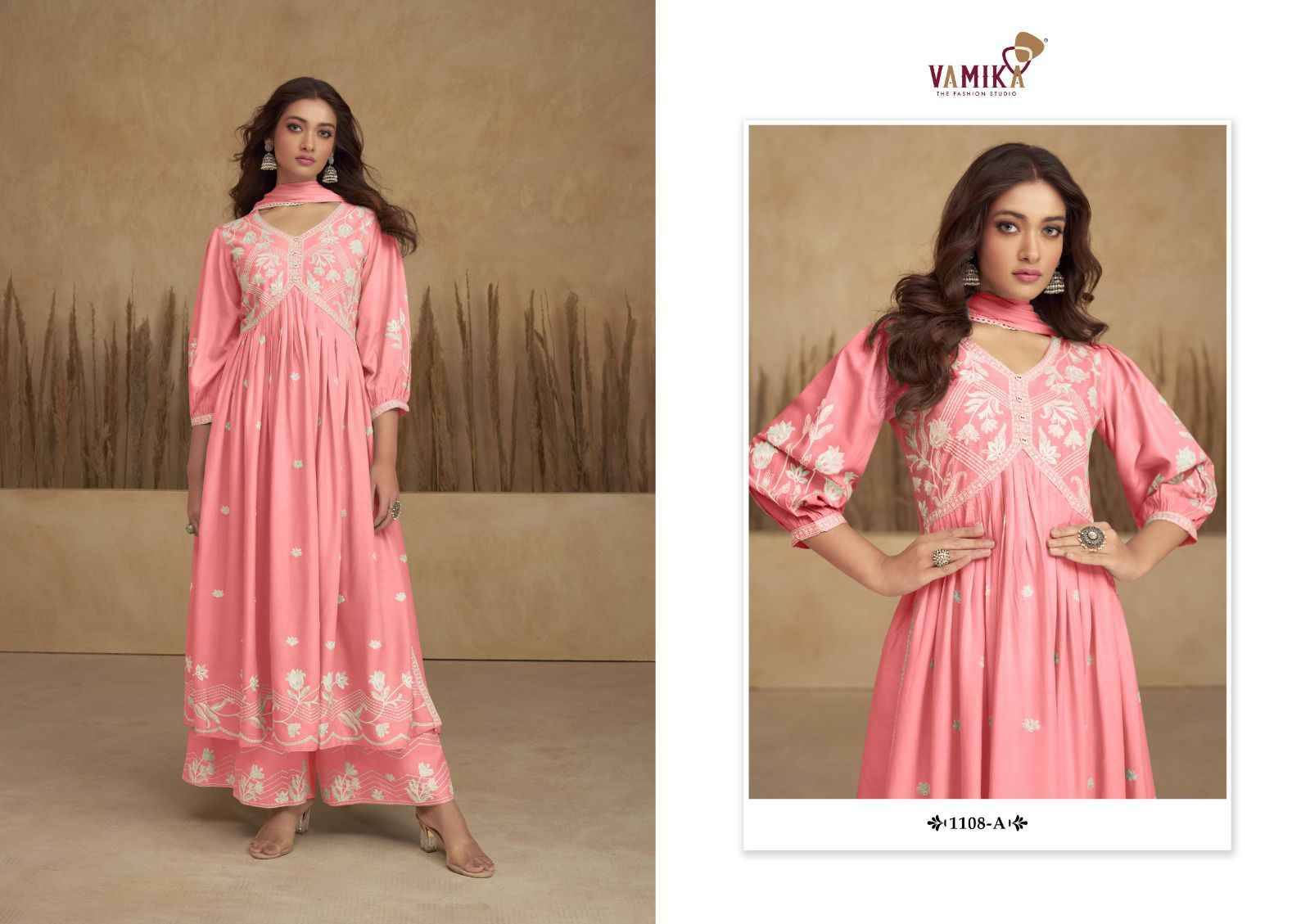 Aadhira Vol-6 By Vamika 1108-A To 1108-E Series Beautiful Sharara Suits Colorful Stylish Fancy Casual Wear & Ethnic Wear Pure Viscose Rayon Embroidery Dresses At Wholesale Price