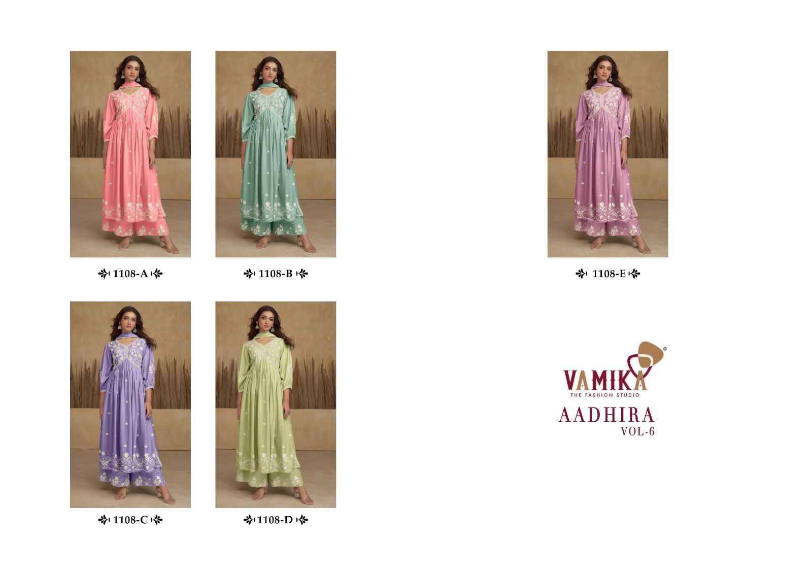 Aadhira Vol-6 By Vamika 1108-A To 1108-E Series Beautiful Sharara Suits Colorful Stylish Fancy Casual Wear & Ethnic Wear Pure Viscose Rayon Embroidery Dresses At Wholesale Price