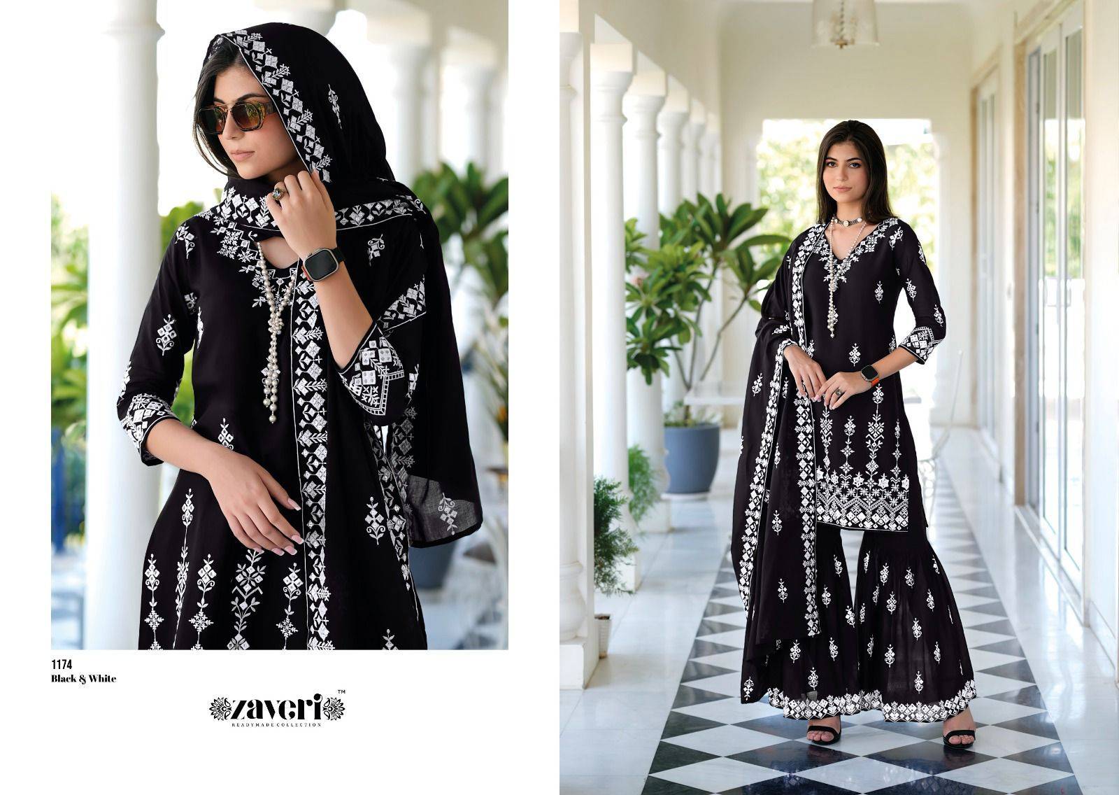 Black And White By Zaveri 1173 To 1174 Series Designer Festive Sharara Suits Collection Beautiful Stylish Fancy Colorful Party Wear & Occasional Wear Pure Mal Mal Dresses At Wholesale Price