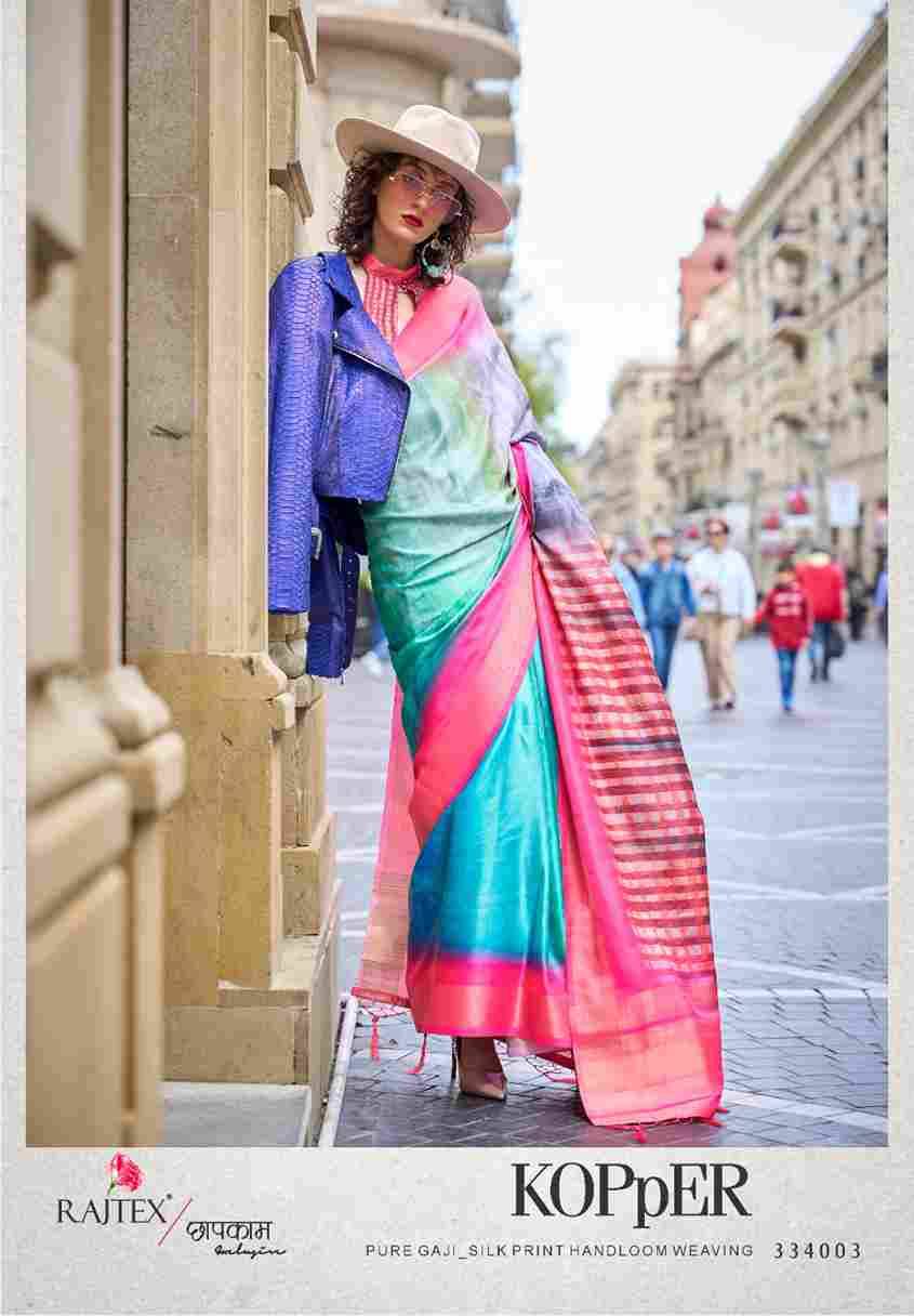 Kopper By Raj Tex 334001 To 334010 Series Indian Traditional Wear Collection Beautiful Stylish Fancy Colorful Party Wear & Occasional Wear Silk Digital Print Sarees At Wholesale Price