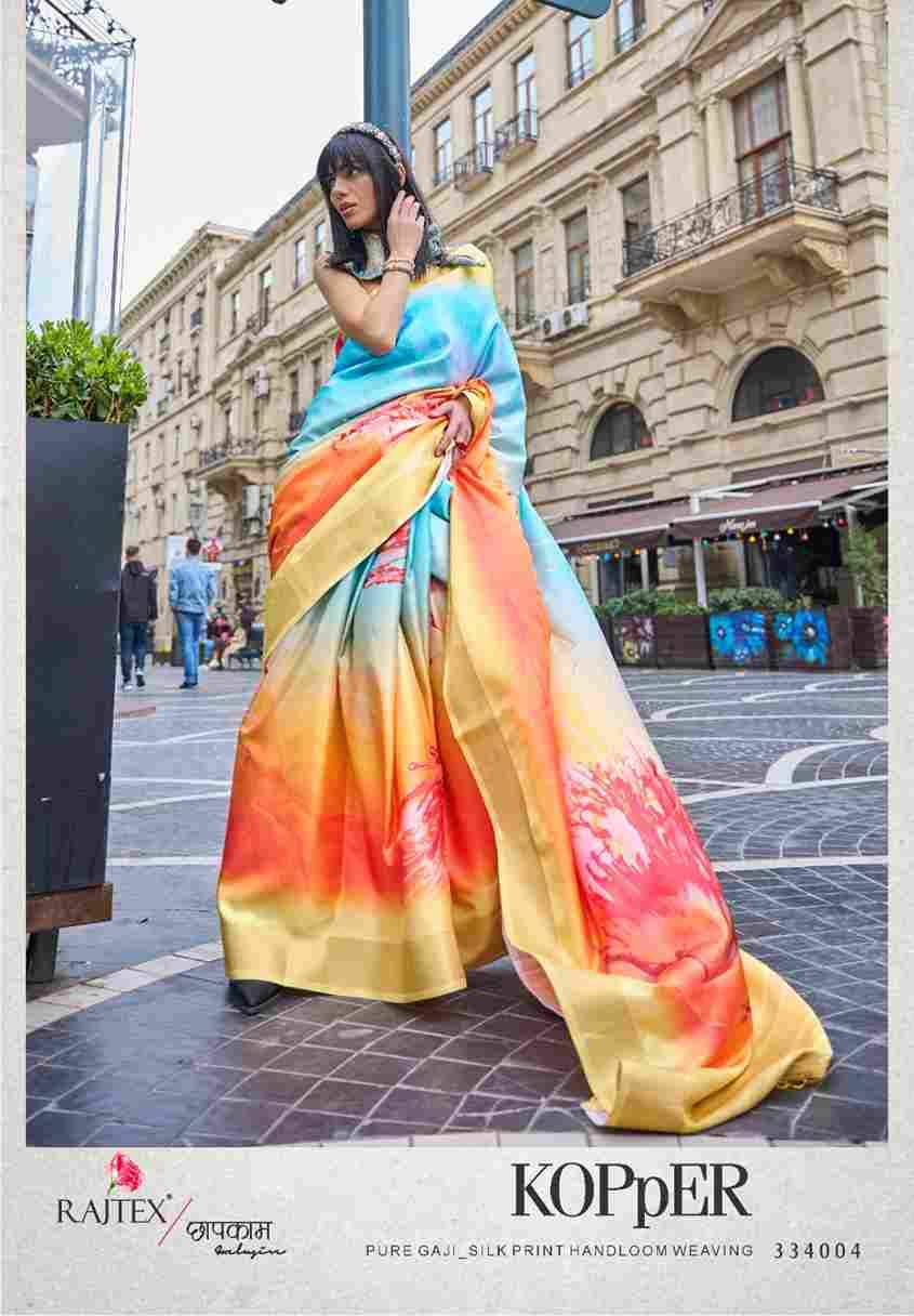 Kopper By Raj Tex 334001 To 334010 Series Indian Traditional Wear Collection Beautiful Stylish Fancy Colorful Party Wear & Occasional Wear Silk Digital Print Sarees At Wholesale Price