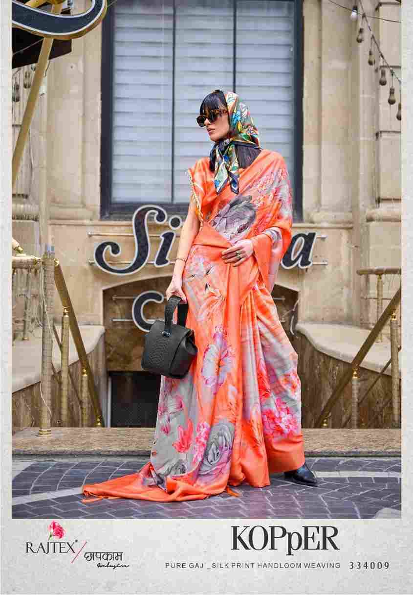 Kopper By Raj Tex 334001 To 334010 Series Indian Traditional Wear Collection Beautiful Stylish Fancy Colorful Party Wear & Occasional Wear Silk Digital Print Sarees At Wholesale Price