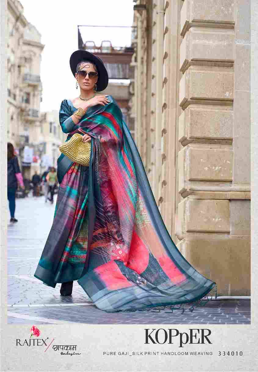 Kopper By Raj Tex 334001 To 334010 Series Indian Traditional Wear Collection Beautiful Stylish Fancy Colorful Party Wear & Occasional Wear Silk Digital Print Sarees At Wholesale Price