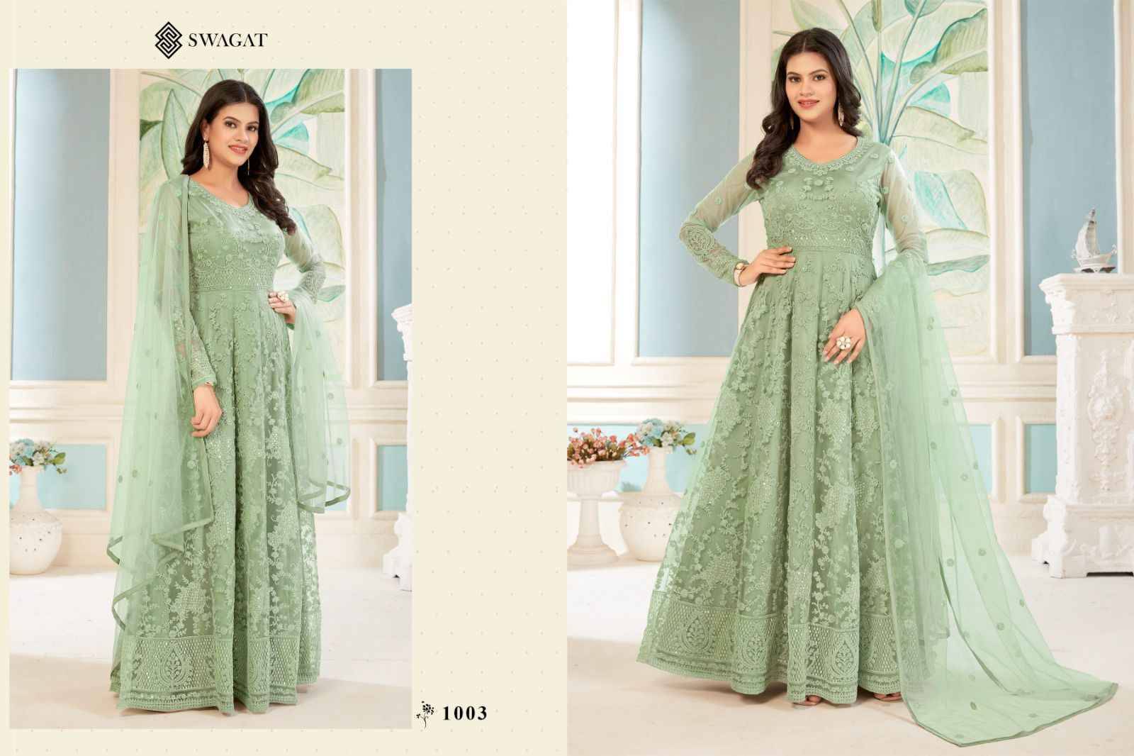 Swagat 1001 Series By Swagat 1001 To 1004 Series Designer Anarkali Suits Collection Beautiful Stylish Fancy Colorful Party Wear & Occasional Wear Net Dresses At Wholesale Price