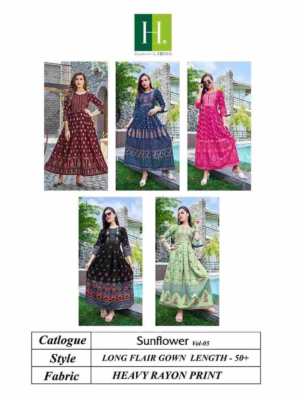 Sunflower Vol-5 By Hirwa 1001 To 1005 Series Beautiful Stylish Fancy Colorful Casual Wear & Ethnic Wear Rayon Foil Gowns At Wholesale Price