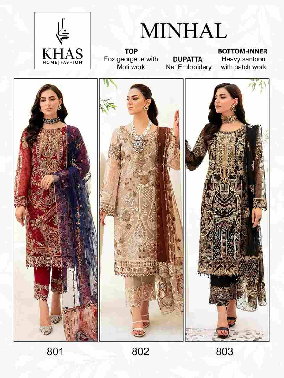 Minhal By Khas 801 To 803 Series Designer Pakistani Suits Beautiful Stylish Fancy Colorful Party Wear & Occasional Wear Faux Georgette With Embroidery Dresses At Wholesale Price