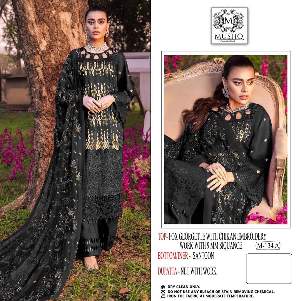 Mushq Hit Design 134 Colours By Mushq 134-A To 134-B Series Designer Pakistani Suits Beautiful Fancy Colorful Stylish Party Wear & Occasional Wear Heavy Georgette Embroidered Dresses At Wholesale Price