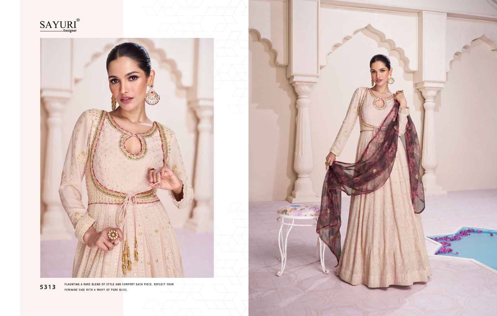 Farida By Sayuri 5313 To 5315 Series Beautiful Stylish Fancy Colorful Casual Wear & Ethnic Wear Faux Georgette With Work Gowns With Dupatta At Wholesale Price