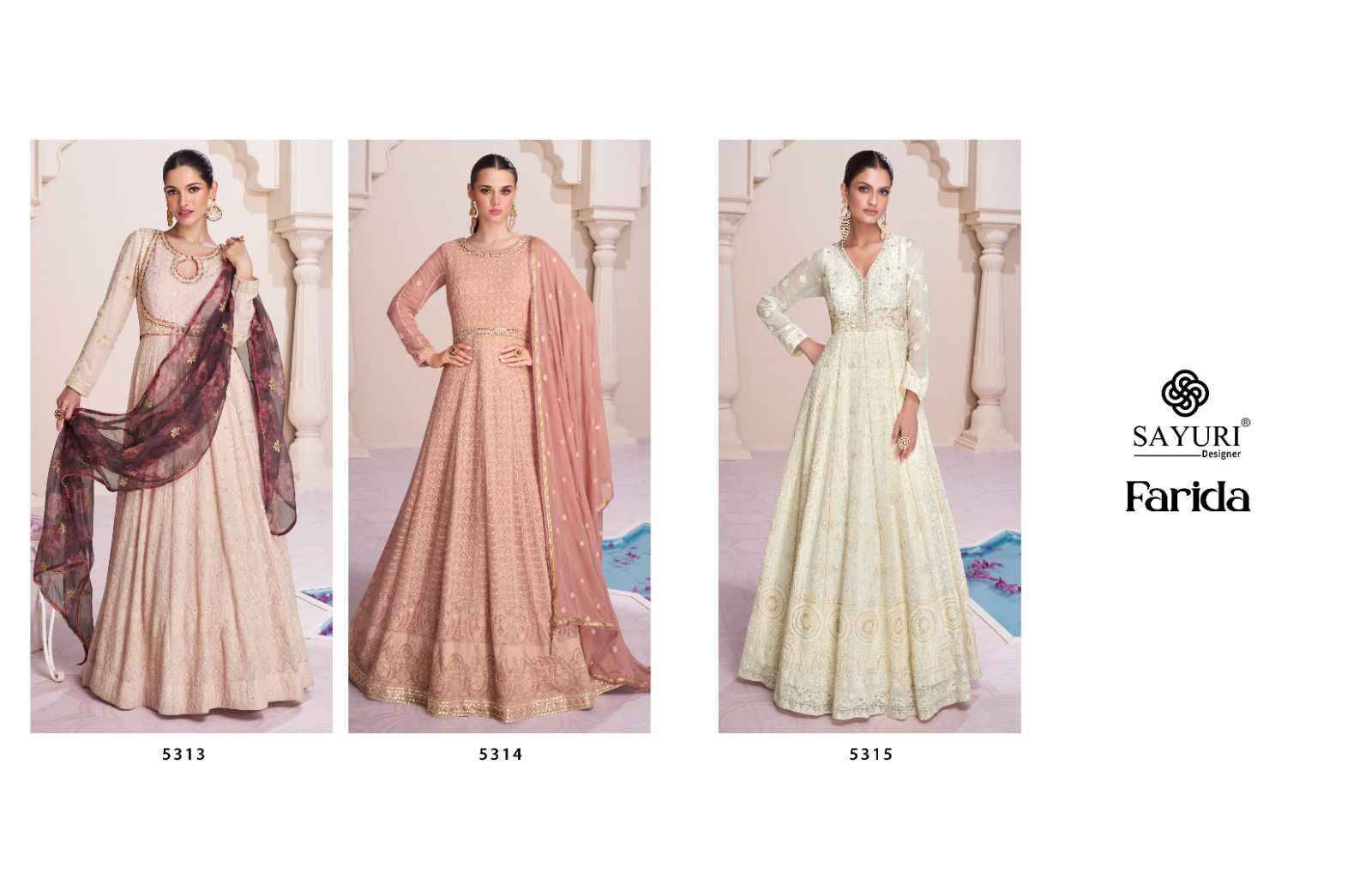 Farida By Sayuri 5313 To 5315 Series Beautiful Stylish Fancy Colorful Casual Wear & Ethnic Wear Faux Georgette With Work Gowns With Dupatta At Wholesale Price