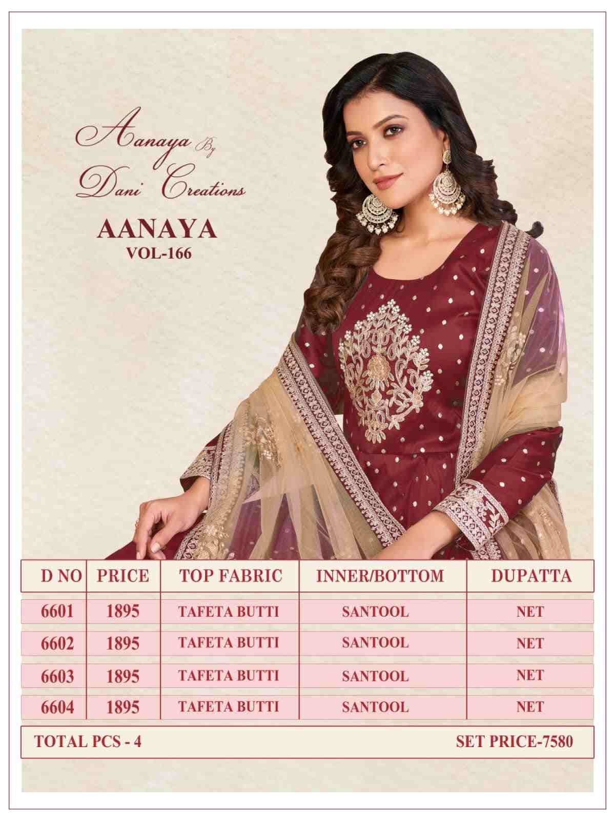 Aanaya Vol-166 By Twisha 6601 To 6604 Series Designer Anarkali Suits Beautiful Stylish Fancy Colorful Party Wear & Occasional Wear Tafeta Butti Dresses At Wholesale Price