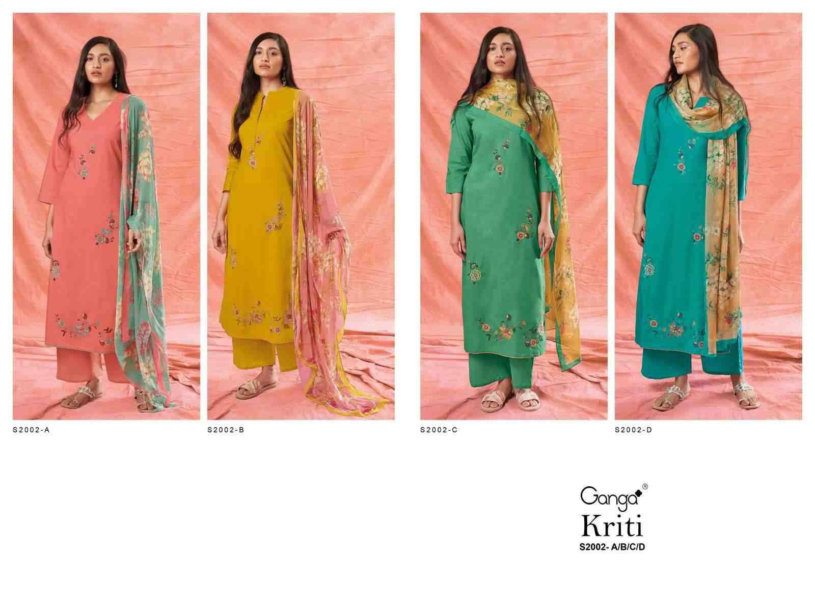 Kriti-2002 By Ganga Fashion 2002-A To 2002-D Series Beautiful Stylish Festive Suits Fancy Colorful Casual Wear & Ethnic Wear & Ready To Wear Cotton Silk Print Dresses At Wholesale Price