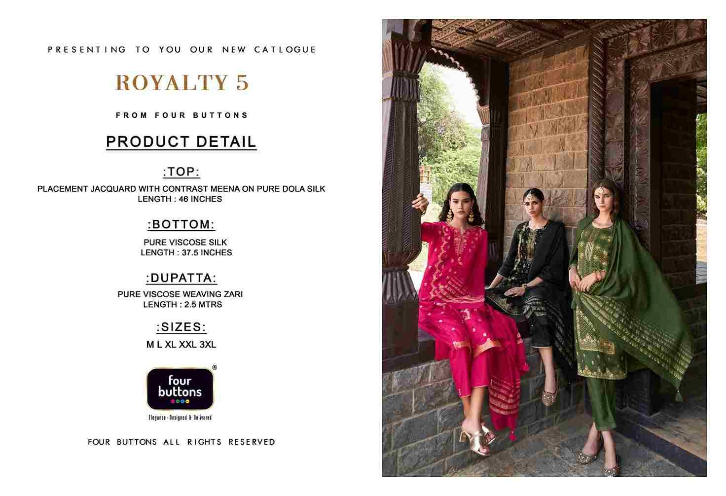 Royalty Vol-5 By Four Buttons 3291 To 3296 Series Beautiful Stylish Festive Suits Fancy Colorful Casual Wear & Ethnic Wear & Ready To Wear Pure Dola Silk Dresses At Wholesale Price