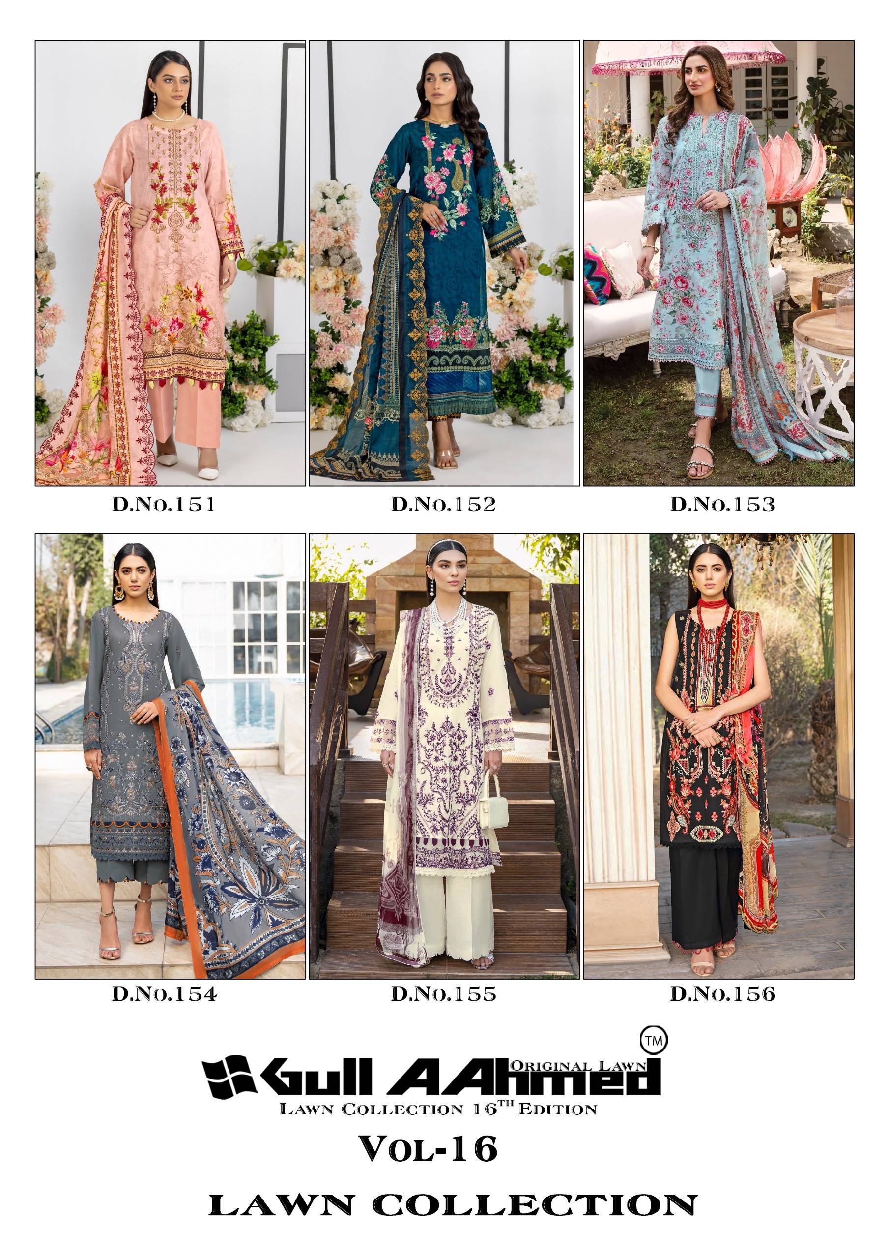Gull Aahmed Lawn Collection Vol-16 By Gull Aahmed 151 To 156 Series Beautiful Festive Suits Colorful Stylish Fancy Casual Wear & Ethnic Wear Pure Lawn Print Dresses At Wholesale Price