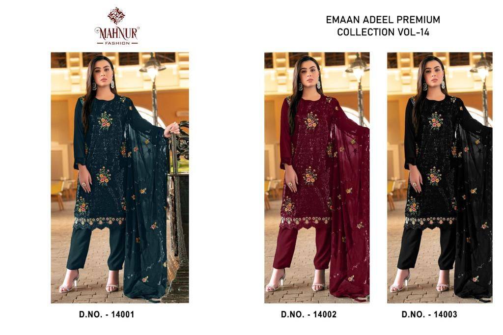 Emaan Adeel Premium Collection Vol-14 By Mahnur Fashion 14001 To 14003 Series Beautiful Pakistani Suits Colorful Stylish Fancy Casual Wear & Ethnic Wear Heavy Georgette With Embroidered Dresses At Wholesale Price